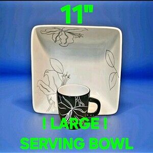 Huge SERVING BOWL White & Black💎 Laurie Gates ANTILLES dish FLORAL PATTERN 11"